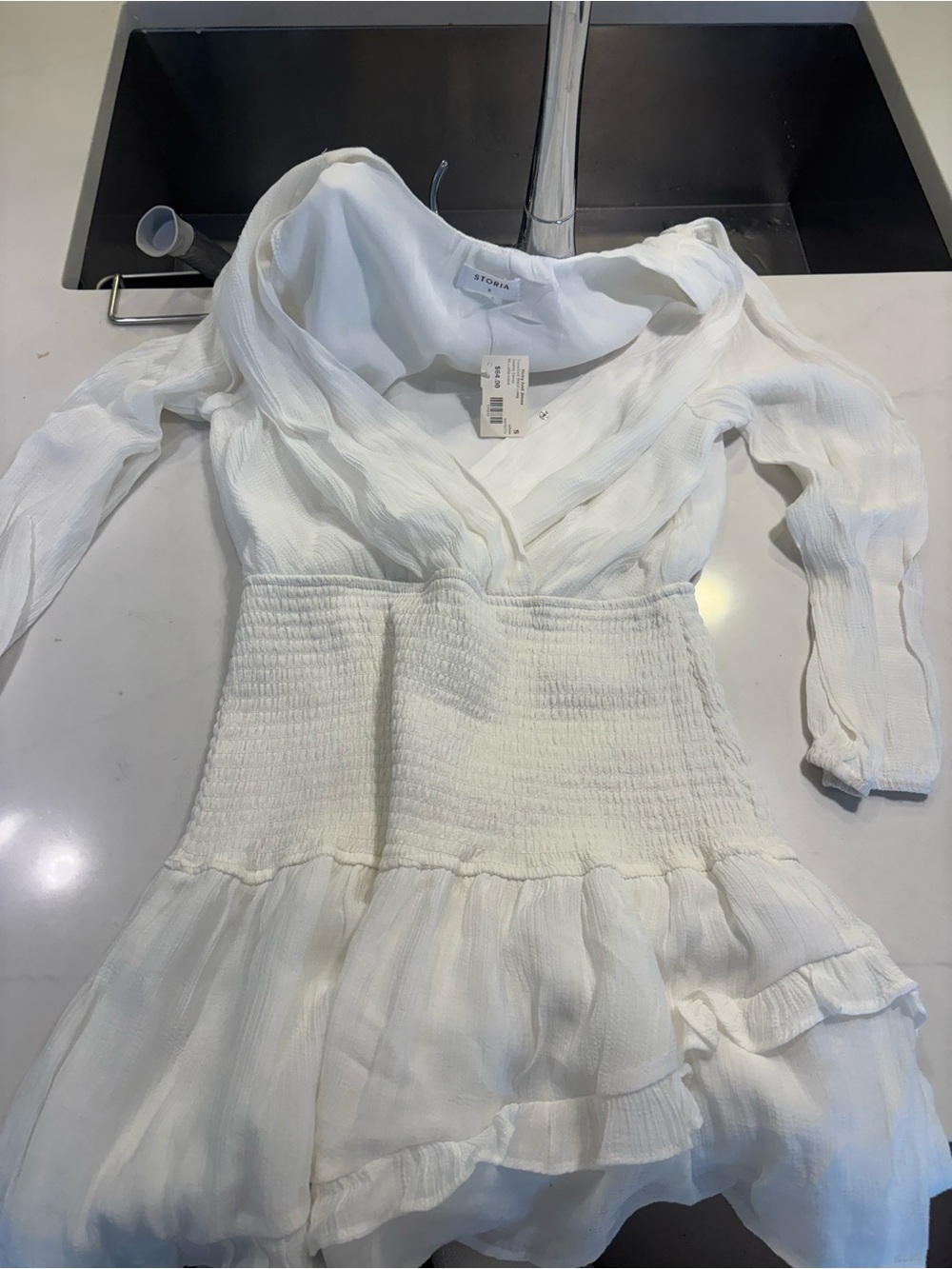 Storia White Smocked Waist Ruffle Long Sleeve Mini Dress